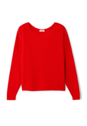 Bright red long-sleeve sweater with a round neckline and ribbed cuffs and hem, laid flat on a white background.