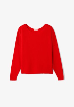 Pull rouge vif à manches longues avec un col rond et des poignets et un ourlet côtelés, posé à plat sur un fond blanc.