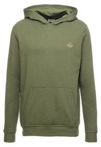 Felpa verde oliva con tasca frontale, polsini e orlo a coste. Presenta un piccolo logo dorato sul petto. Realizzata in tessuto testurizzato.