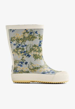 Stivale da pioggia in gomma floreale con sfondo grigio chiaro, fiori blu e gialli, bordo superiore bianco e suola di crema testurizzata con motivo a zigzag.