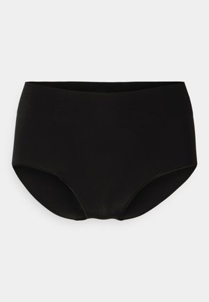 Culottes noires taille haute avec une texture lisse, un design sans couture et une large ceinture, offrant une couverture complète et un ajustement confortable.