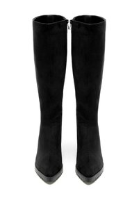 Botas negras sobre la rodilla en suave ante con puntera cuadrada, con cierre de cremallera en la parte posterior y suela de goma texturizada.