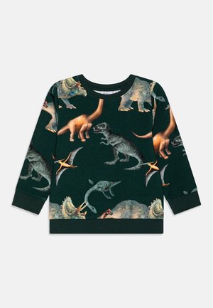 Ciemnozielona dziecięca bluza z długim rękawem z kolorowymi ilustracjami dinozaurów, w tym T-Rex, Triceratops, Pterodaktyl i Brachiozaur.