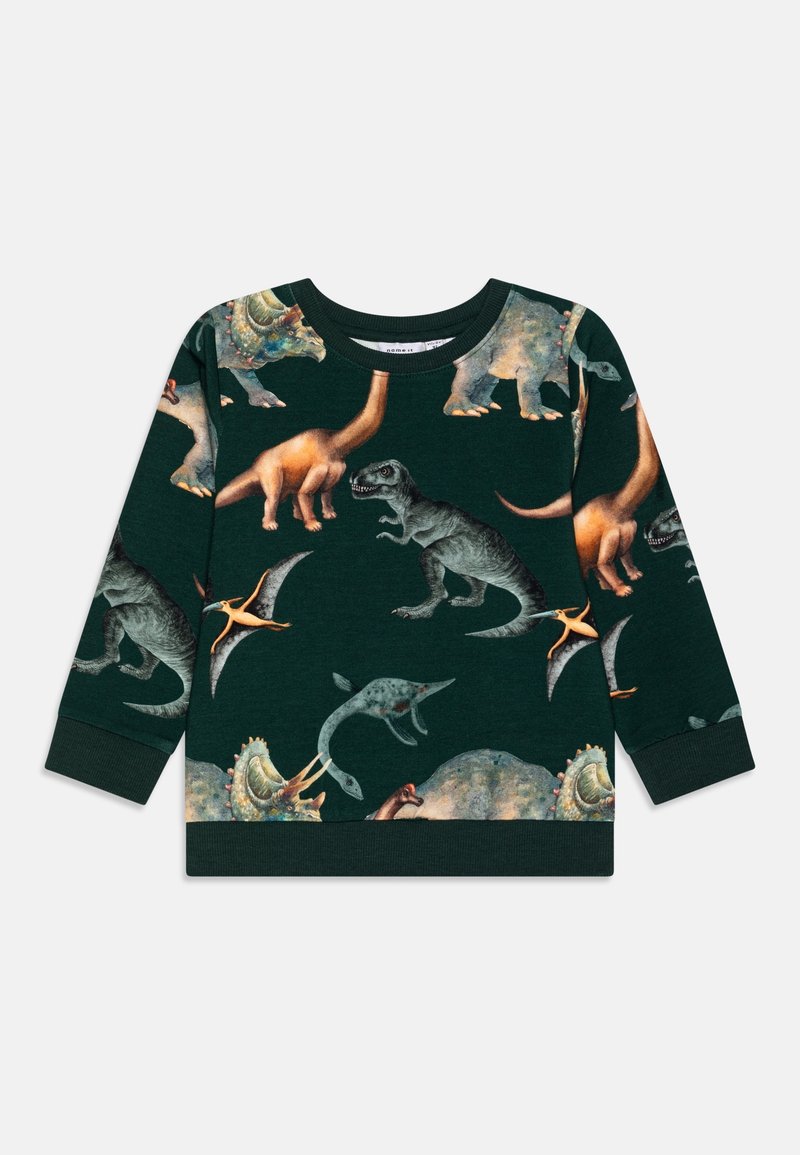 Sweat-shirt pour enfant à manches longues de couleur vert foncé avec des illustrations colorées de dinosaures, dont un T-Rex, un Tricératops, un Ptéranodon et un Brachiosaure.