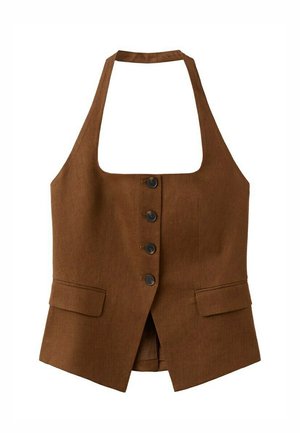 Gilet marrone senza maniche con collo alla coreana, quattro bottoni neri sul davanti e due tasche laterali con patta, vestibilità sagomata e scollo quadrato.
