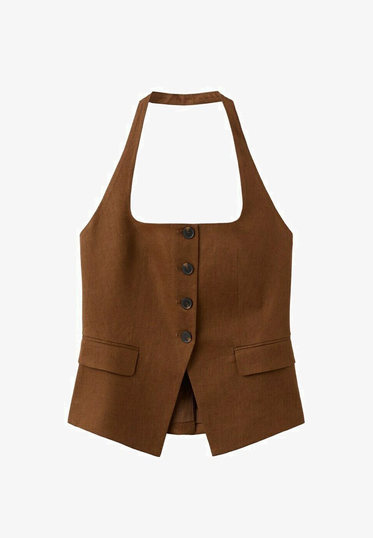 Gilet marrone senza maniche con collo alla coreana, quattro bottoni neri sul davanti e due tasche laterali con patta, vestibilità sagomata e scollo quadrato.