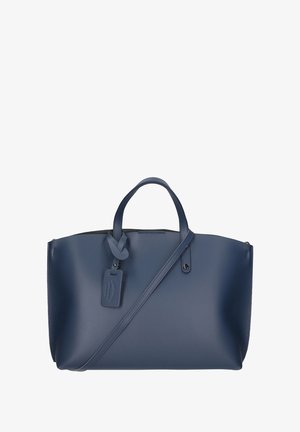Navy blue leather handbag with a structured shape, dual top handles, a detachable shoulder strap, and a rectangular tag attached.