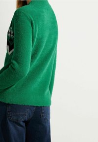 Personne portant un pull en laine vert avec un motif géométrique noir et blanc sur le haut du bras, associé à un jean bleu foncé.