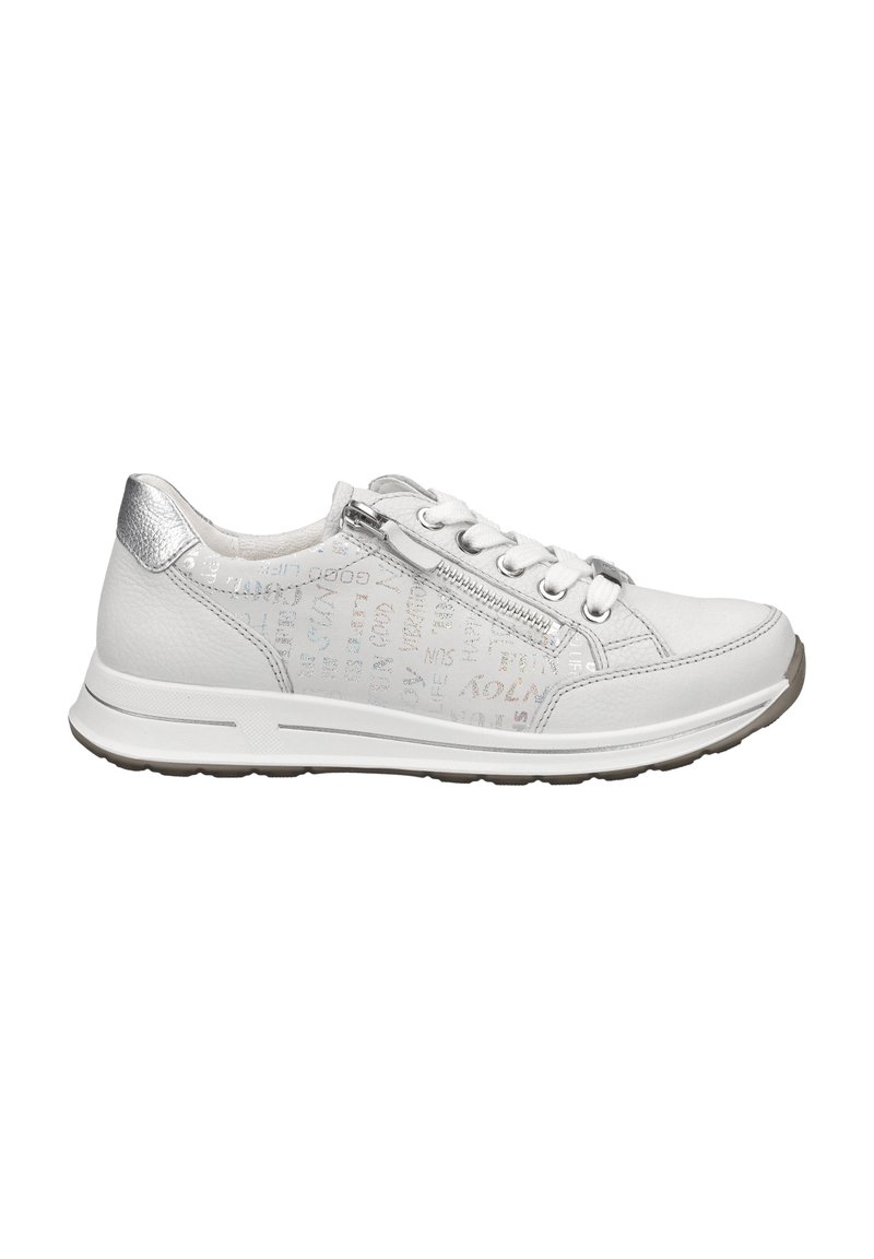 Białe sneakersy z fakturowaną skórzaną cholewką, srebrnymi akcentami, okrągłymi sznurówkami, bocznym zamkiem błyskawicznym i subtelnym wielokolorowym nadrukiem po bokach.