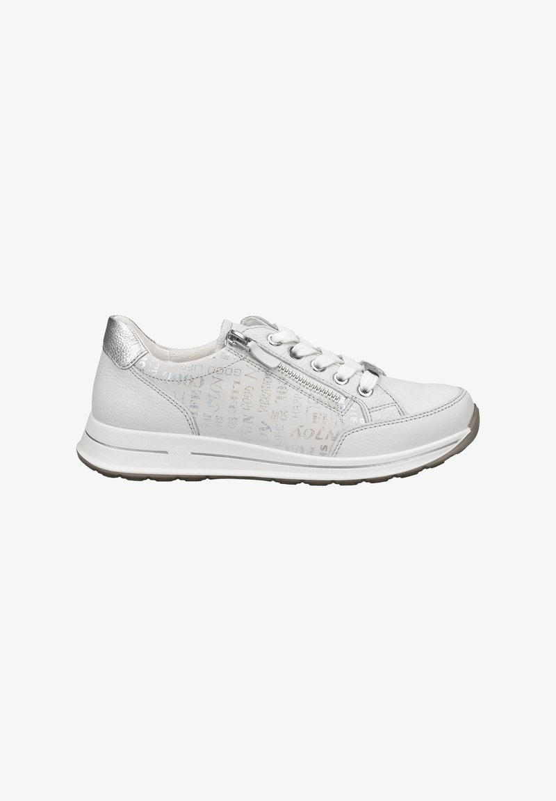 White sneaker with a textured leather upper, silver accents, round laces, side zipper, and subtle multicolor print on the sides.