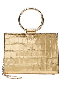 Borsa a mano oro con stampa a coccodrillo in rilievo, forma rettangolare, manico metallico circolare e tracolla rimovibile, caratterizzata da una texture liscia.