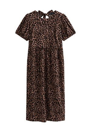 Vestido de estampado de leopardo en marrón y negro, con mangas abullonadas cortas, corpiño ajustado, falda acampanada y detalle de lazo en la espalda. Confeccionado en tejido suave.