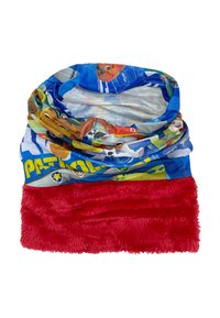 Wielokolorowy szalik z miękkim czerwonym polarowym wykończeniem i wzorzystym niebieskim zewnętrzem z postaciami z kreskówek oraz innymi wzorami.