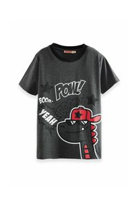 Dunkelgraues T-Shirt aus Baumwolle mit kurzen Ärmeln, das einen Cartoon-Dinosaurier in Sonnenbrille und roter Mütze zeigt, mit grafischem Text: "POW! BOOM! YEAH!"