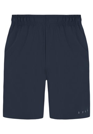 Navy blue athletic shorts made of lightweight fabric, featuring an elastic waistband and two side pockets. Subtle logo detail near the hem.