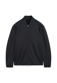 Czarna kurtka na zamek z stójką, wykonana z gładkiego materiału, z eleganckimi liniami i minimalistycznym stylem, bez zdobień.