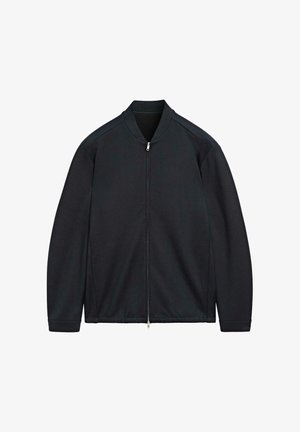 Sort zip-jakke med ståkrave, lavet af glat stof, med elegante linjer og minimalistisk design uden udsmykninger.