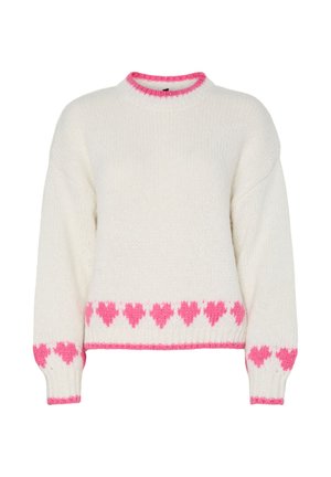 Pull en maille blanche avec un motif de cœur rose le long de l'ourlet et des poignets. Présente un col rond orné d'un bord rose. Texture douce et coupe ample.