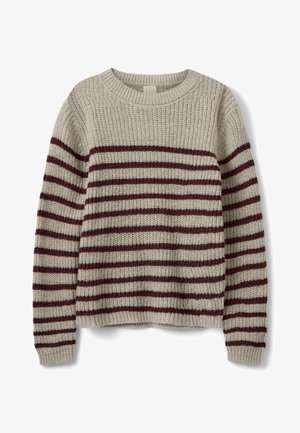 Pull en maille beige avec des rayures horizontales bourgogne foncé. Doté d'un col rond et de bords côtelés aux poignets et à l'ourlet. Tissu texturé.