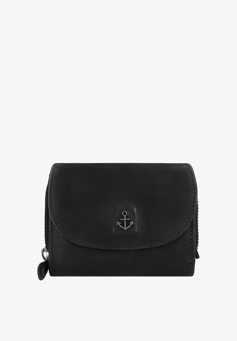 Zwarte leren portemonnee met ritssluiting, voorzien van een voorflap, gestructureerd oppervlak en een metallic ankerembleem in het midden.