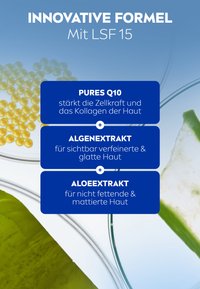 Green aloe vera leaf, yellow beads, and clear glass elements on a blue background, with text highlighting skincare benefits and ingredients.