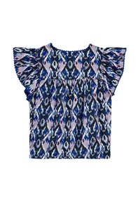 Blommönstrad kortärmad blus i blått, rosa och svart med ett samlat bröst och volangärmar, tillverkad av lätt material.