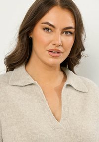 Lichtgrijze gebreide trui met een zachte textuur, voorzien van een kraag en een V-vormige uitsnede. Zichtbare stikdetails langs de kraag.