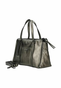 Sac à main en cuir métallisé gris avec doubles poignées, poche avant, fermeture éclair, bandoulière détachable et étiquette logo Burkely.