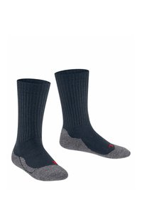 Dunkelblaue gerippte Socken mit einer grauen verstärkten Ferse und Spitze. Mit einem kleinen roten Logo an der Seite, entworfen für Langlebigkeit und Komfort.