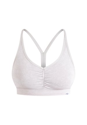 Light gray sports bra with a soft texture, ruched front detail, and racerback design featuring adjustable straps and elastic band.