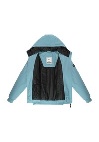 Ljusblå jacka med huva, med en svart insida och ficka. Yttersidan är slät, med justerbara manschetter och en logotagg invändigt.