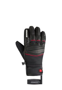 Black leather gloves with red accents, padded knuckles, and a textured palm. Adjustable wrist strap for secure fit. Ziener branding on the cuff.