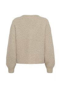 Beige, chunky-knit sweater with a cropped design, wide sleeves, and ribbed hem. Textured appearance with a soft, cozy look.