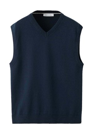Marineblaue ärmellose Strickweste mit V-Ausschnitt und gerippten Abschlüssen an Ärmeln, Ausschnitt und Saum.