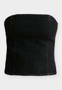 Μαύρο τζιν χωρίς μανίκια τοπ με εφαρμοστό σχέδιο, ορατές ραφές και λείες υφές. Ευθεία μέση στο κάτω μέρος.