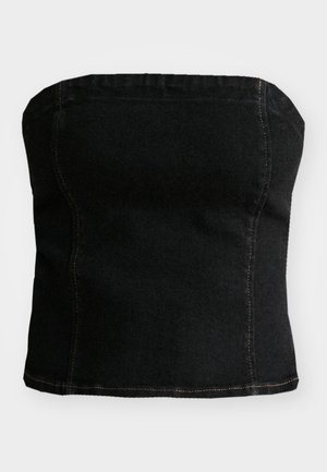 Melna denima bez piedurknēm augšdaļa ar pieguļošu dizainu, redzamām šuvju akcentiem un gludu tekstūru. Tieša apakšdaļa.