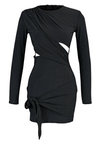 Abito nero a maniche lunghe realizzato in tessuto elasticizzato, con un design attorcigliato, aperture e un dettaglio con nodo all'orlo.