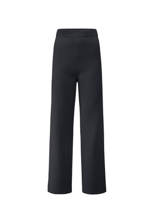 Schwarze weit geschnittene Hosen aus einem weichen Stoff mit einem elastischen Bündchen, die eine glatte Textur ohne Muster oder Akzente aufweisen.