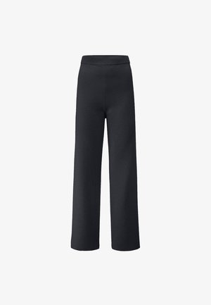 Schwarze weit geschnittene Hosen aus einem weichen Stoff mit einem elastischen Bündchen, die eine glatte Textur ohne Muster oder Akzente aufweisen.