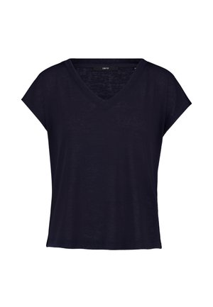 Haut pour femme noir à manches courtes avec col en V, coupe ample et tissu léger.