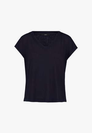 Top da donna nero a maniche corte con scollo a V, vestibilità ampia e tessuto leggero.