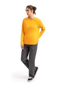 Felpa gialla a maniche lunghe con maniche raglan, abbinata a pantaloni cargo grigi con tasche e sneakers nere. Design semplice, vestibilità casual.