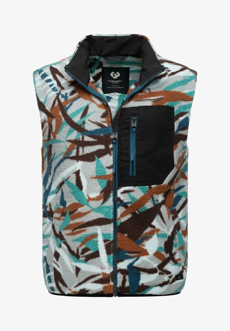 Gilet in pile con colletto alto, caratterizzato da un motivo astratto blu, marrone e turchese. Include una tasca sul petto con zip nera e dettagli in zip blu.
