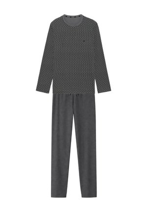 Dwuczęściowa piżama męska z czarno-białym, wzorzystym, długim rękawem oraz jednolitymi, ciemnoszarymi spodniami ze sznurkiem w pasie.