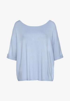 Hellblauer Kurzarm-Pullover aus weichem Strickstoff; verfügt über einen weiten Halsausschnitt und umgeschlagene Ärmel für eine entspannte Passform.