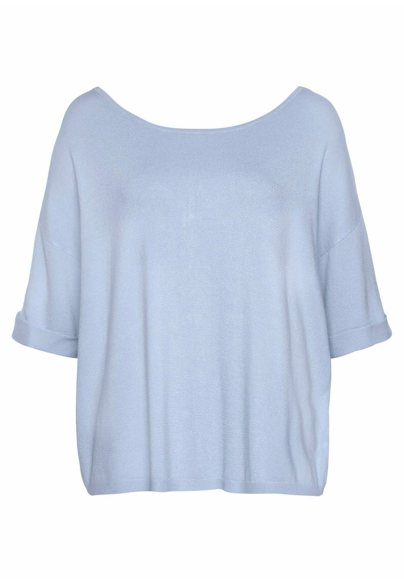 Lichtblauwe korte mouwen pullover gemaakt van zacht breiwerk; heeft een brede halslijn en opgerolde manchetten voor een ontspannen pasvorm.