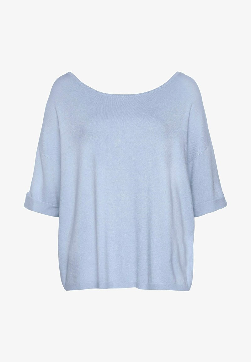 Lichtblauwe korte mouwen pullover gemaakt van zacht breiwerk; heeft een brede halslijn en opgerolde manchetten voor een ontspannen pasvorm.