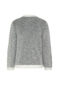 Hallitatud halli ja valge triibuline kampsun, ribakujuline tekstuur, ümmargune kaelus, pikad varrukad ja tahke valge äär varrukate ning alt.