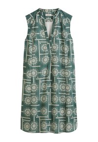Ärmlös klänning i teal med ett geometriskt vitt mönster. Har en skårad halsringning och en flödande silhuett. Tillverkad av lättviktigt tyg.