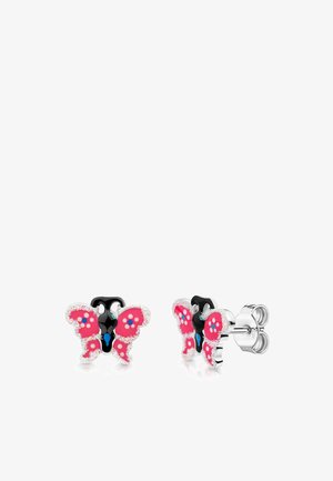 Boucles d'oreilles clous en forme de papillon en argent avec des détails en émail rose, noir, bleu et blanc, et des fermoirs papillon.